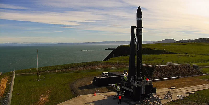 Rocket Labs Electron rocket at the Mahia Peninsula launch site in New Zealand. Credit: Rocket Labs USA.